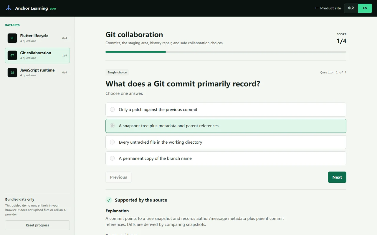 Anchor Learning browser demo showing a quiz and source citation